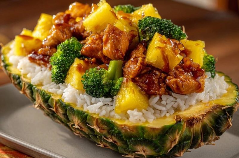 Ananas-Hähnchen mit Brokkoli im Ananasboot