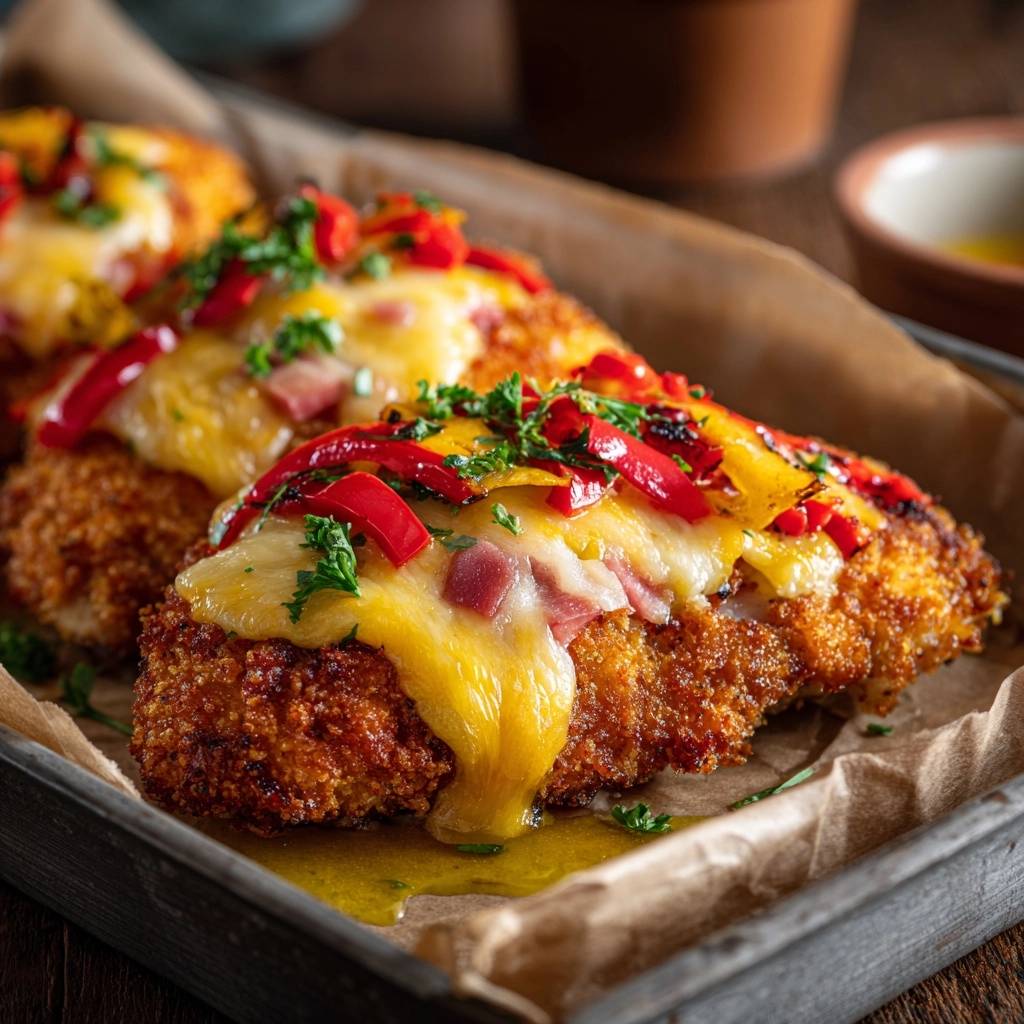 Saftiges Panierhähnchen mit Schinken-Käse-Füllung