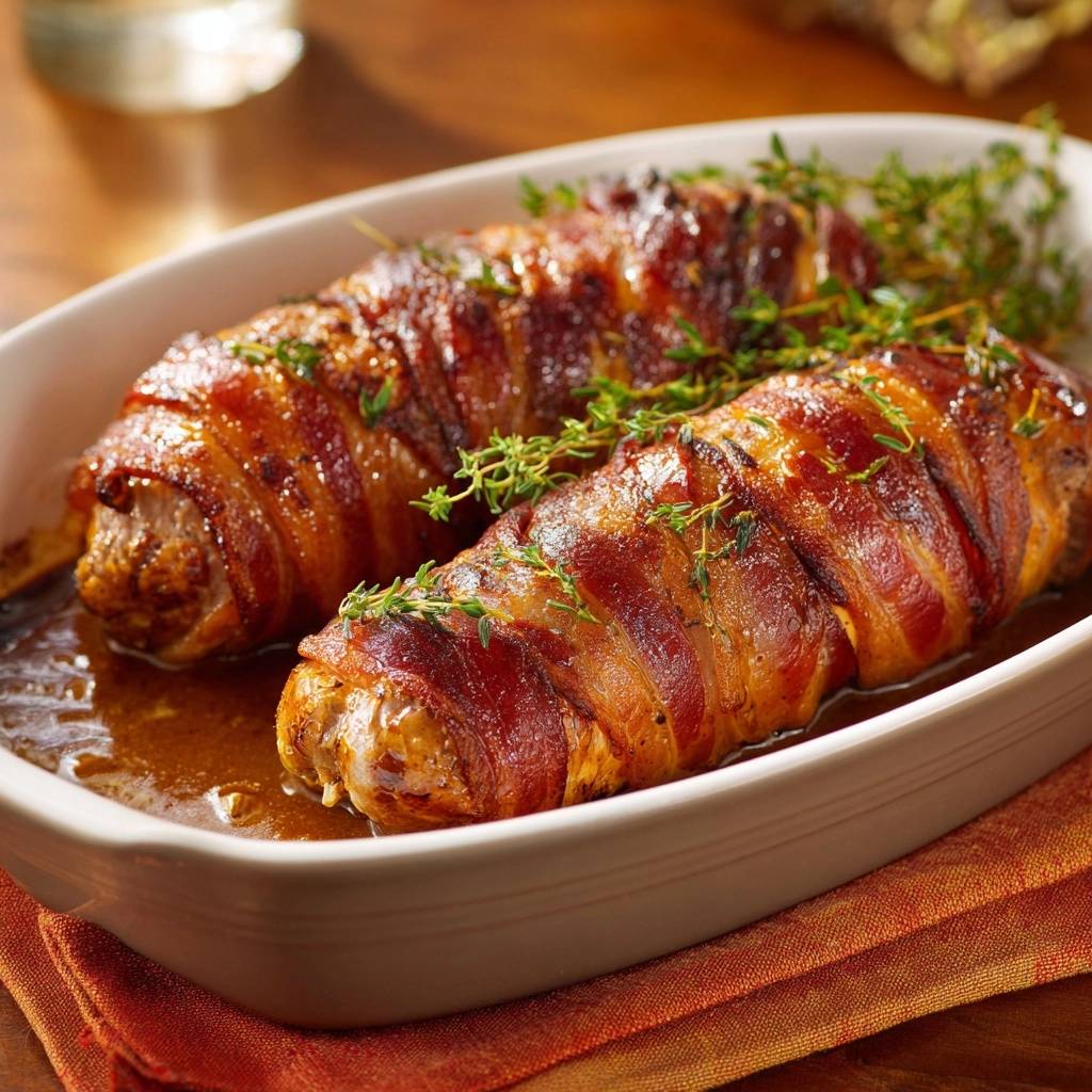 Speckumwickeltes Hähnchenfilet mit Thymiansauce