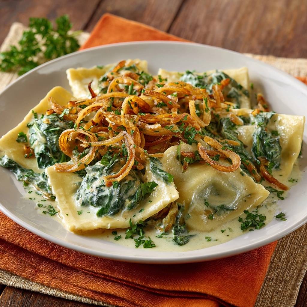 Spinatravioli in cremiger Spinatsoße mit knusprigen Zwiebeln (Keine wässrige Soße mehr)