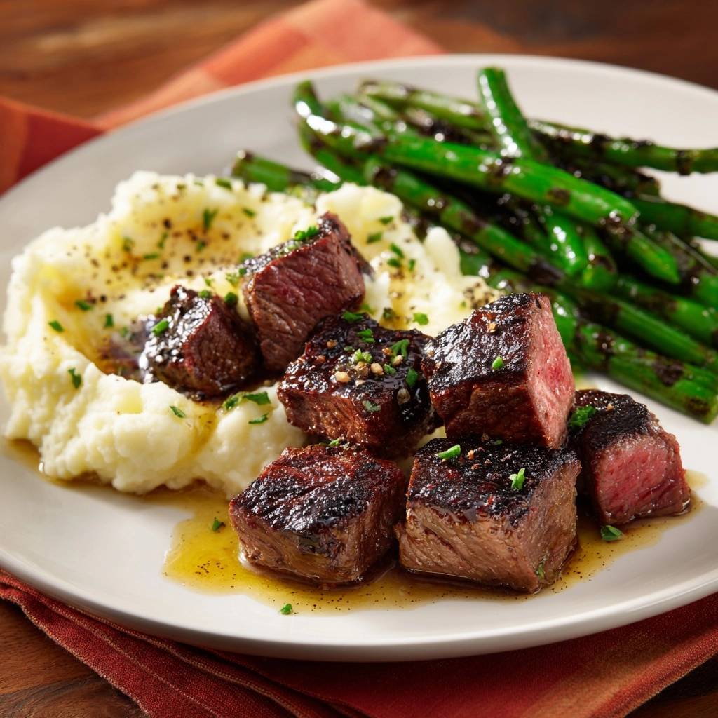 Saftige Rindfleischwürfel mit cremigem Kartoffelpüree und Speckbohnen