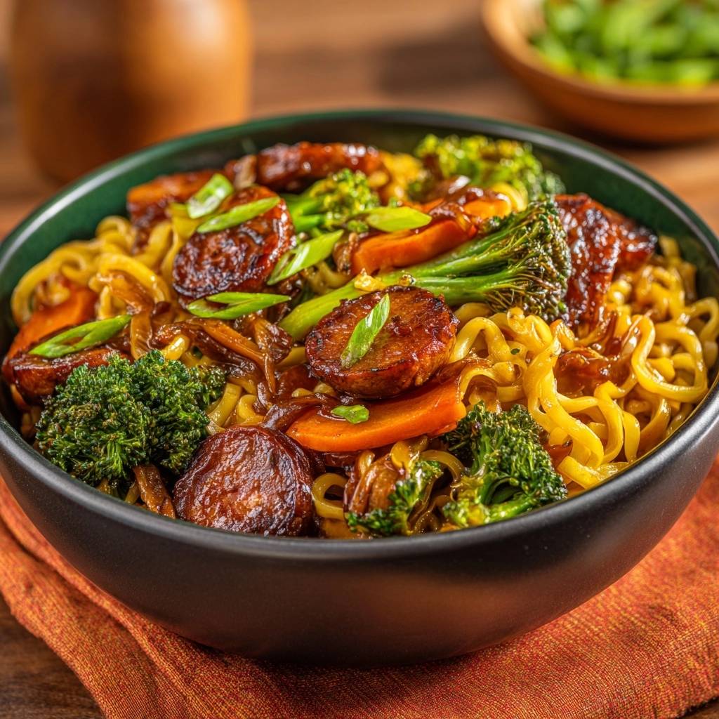 Asiatische Wurst-Nudel-Pfanne