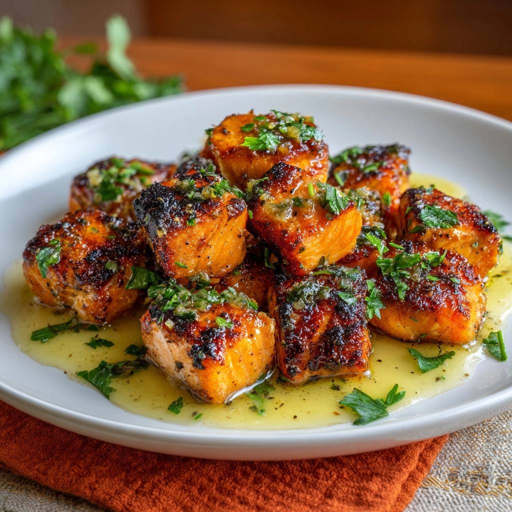 Knusprige Sesam-Lachswürfel mit Petersilie und Zitronenbutter