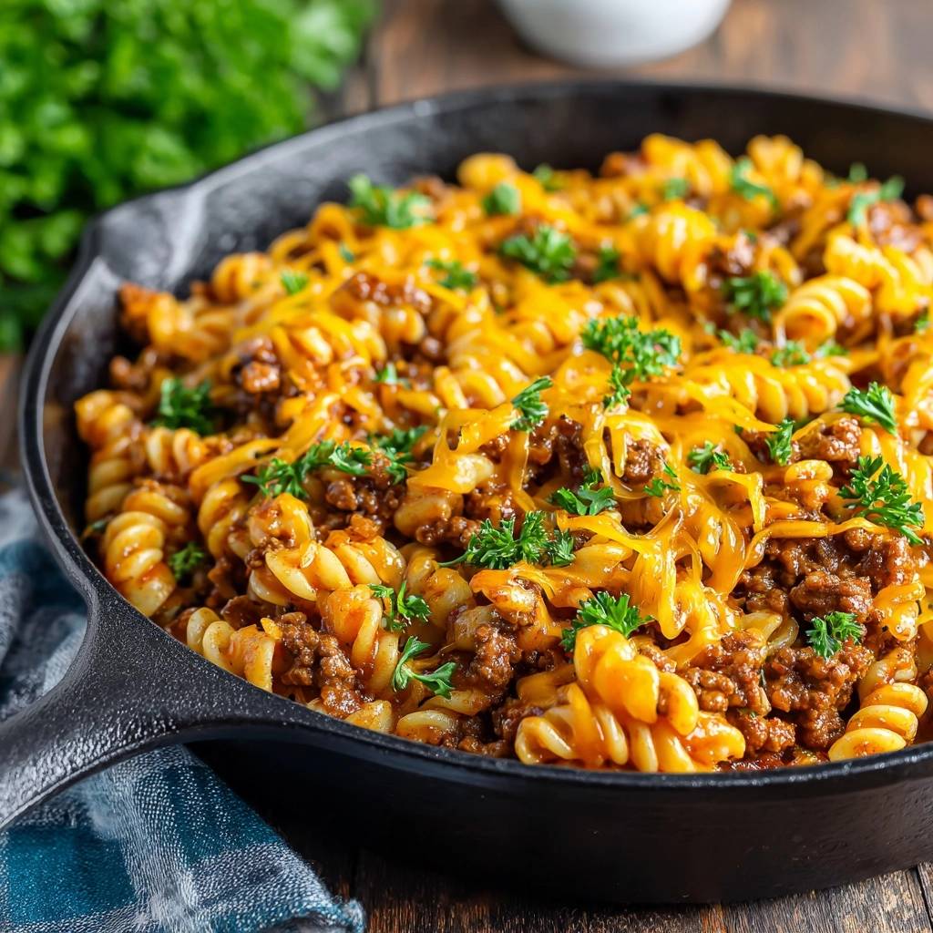 Ein-Topf-Hack-Nudel-Pfanne mit geschmolzenem Käse