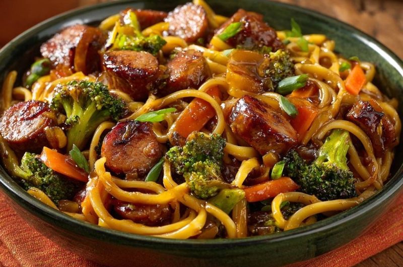 Asiatische Wurst-Nudel-Pfanne