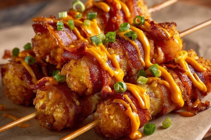 Bacon-gewickelte Kartoffelnugget-Spieße mit Käsesauce (Nie wieder matschige Nuggets!)