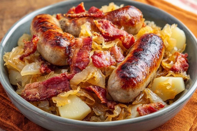 Bratwürste mit knusprigen Bacon-Kartoffeln und Sauerkraut