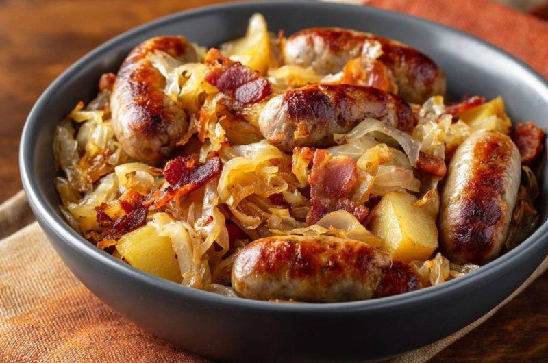 Bratwurst-Pfanne mit Kraut, Kartoffeln und Speck