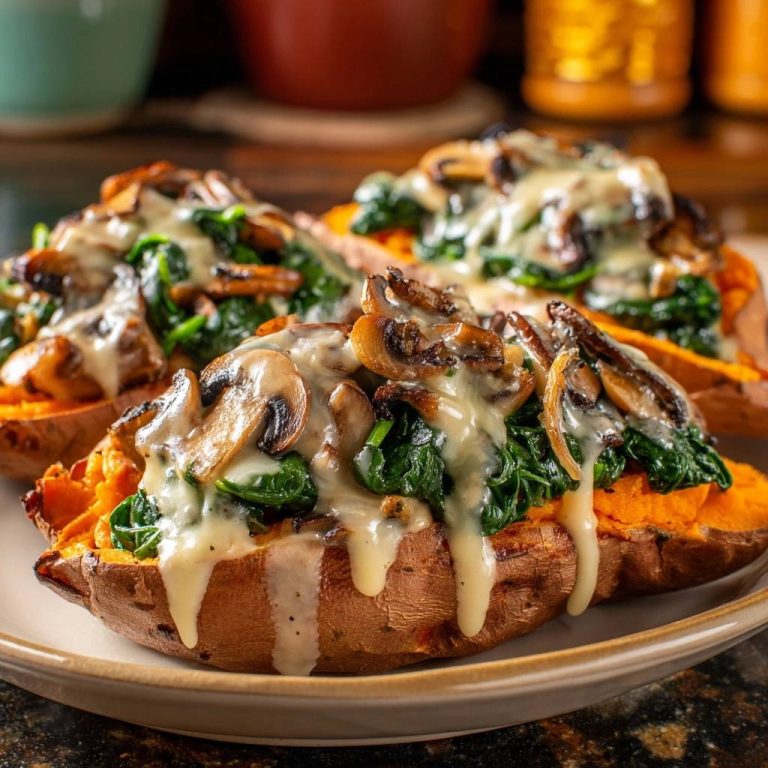 Cremig gefüllte Ofensüßkartoffeln mit Pilzen-Spinat Rezept