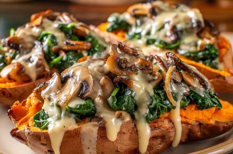 Cremig gefüllte Ofensüßkartoffeln mit Pilzen-Spinat