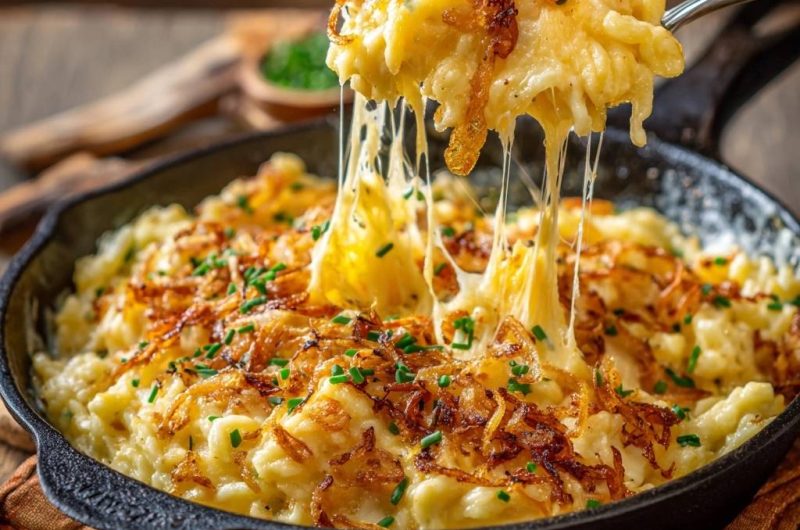 Cremige Käsespätzle mit knusprigen Zwiebeln