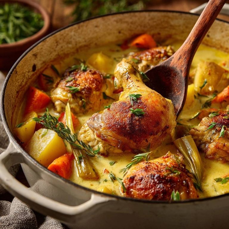 Cremiger Hähnchen-Thymian-Eintopf – knusprige Haut!