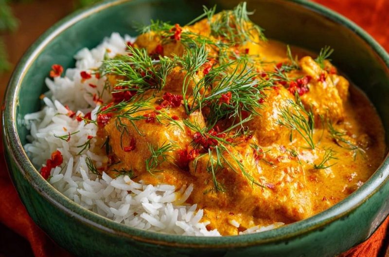 Cremiges Hühner-Dill-Curry mit Reis