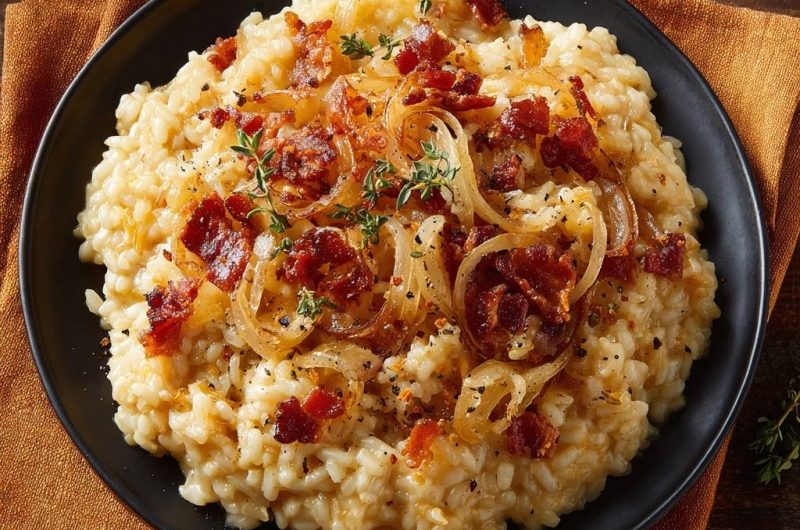Cremiges Speck-Risotto mit karamellisierten Zwiebeln