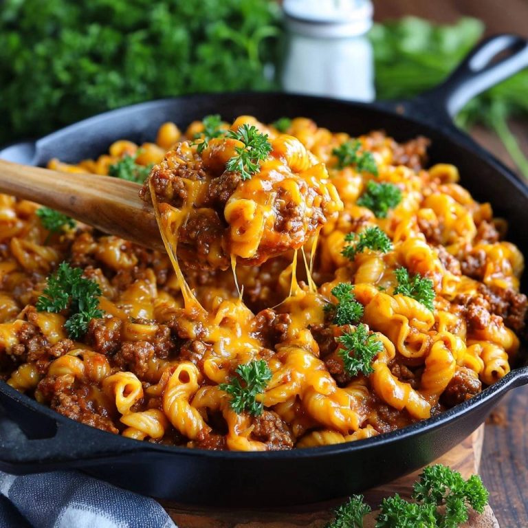 Ein-Topf-Hack-Nudel-Pfanne mit geschmolzenem Käse