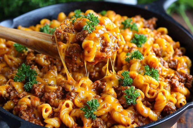 Ein-Topf-Hack-Nudel-Pfanne mit geschmolzenem Käse