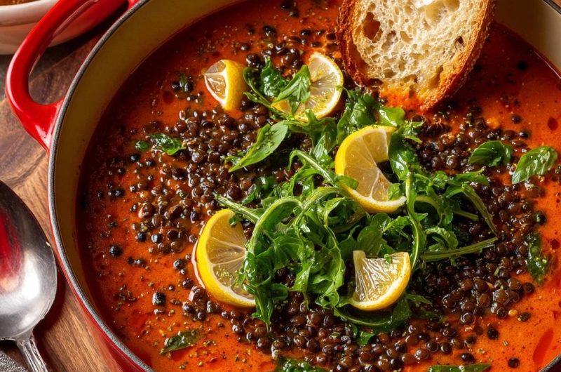 Feurige Tomaten-Linsen-Suppe mit Zitrone & Rucola