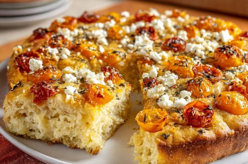 Focaccia mit gerösteten Kirschtomaten und Feta