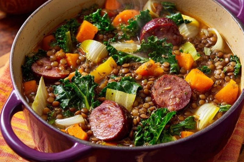 Herzhafter Kürbis-Linsen-Eintopf mit Kale und Wurst