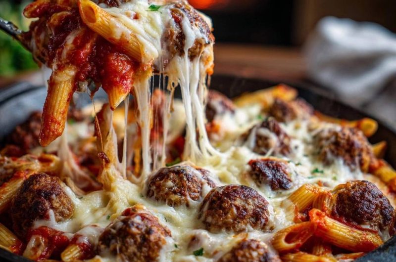 Käseüberbackene Penne mit Hackbällchen