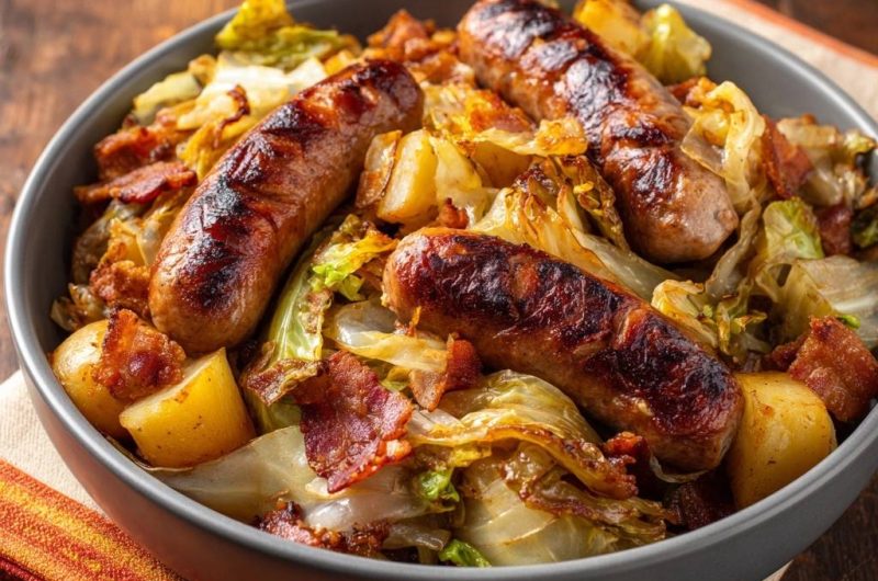 Knusprige Bratwurst-Pfanne mit Babykartoffeln, Bacon und Weißkohl