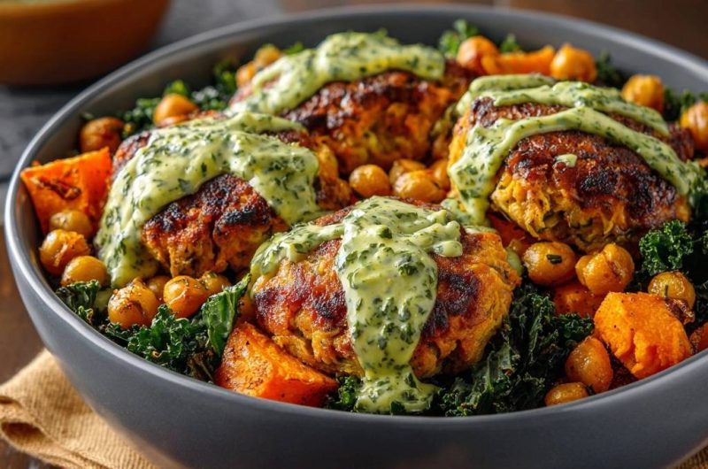 Knusprige Süßkartoffel-Kichererbsen-Bowl mit Kräutersauce