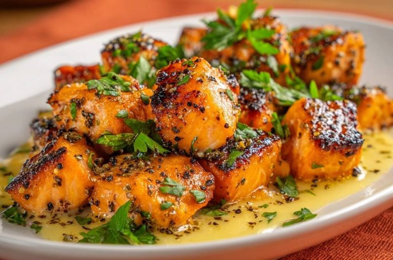 Knusprige Sesam-Lachswürfel mit Petersilie und Zitronenbutter