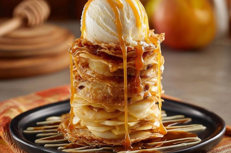 Knuspriger Apfel-Crêpes-Turm mit Vanilleeis