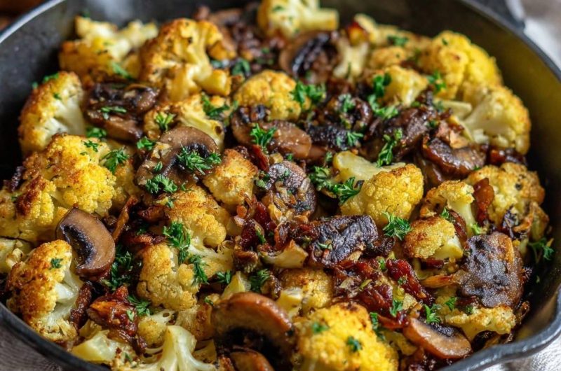 Knuspriger Blumenkohl mit Pilzen und Bacon