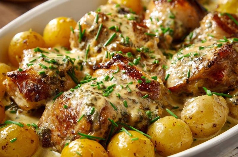 Knuspriges Hähnchen mit Babykartoffeln in Schnittlauchcreme