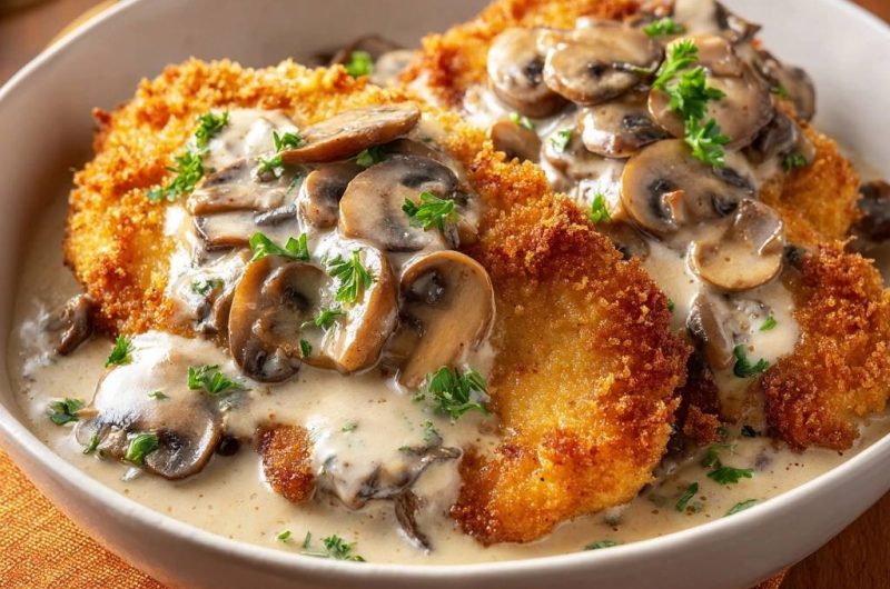 Knuspriges Hähnchenschnitzel mit Champignon-Rahmsoße