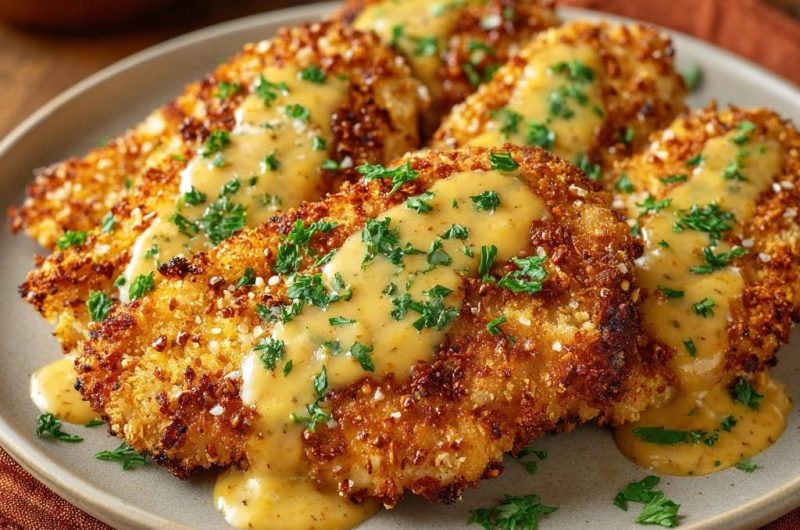 Knuspriges Hähnchenschnitzel mit Honig-Senf-Sauce