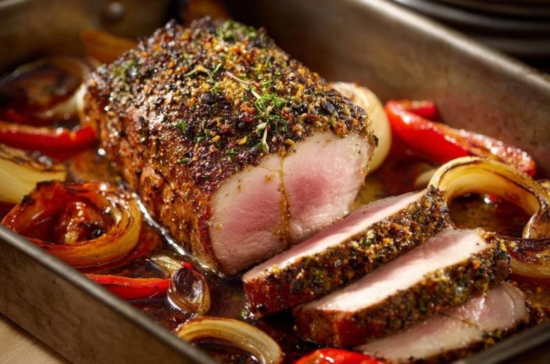 Kräuter-Rinderfilet mit Ofen-Paprika und Zwiebeln