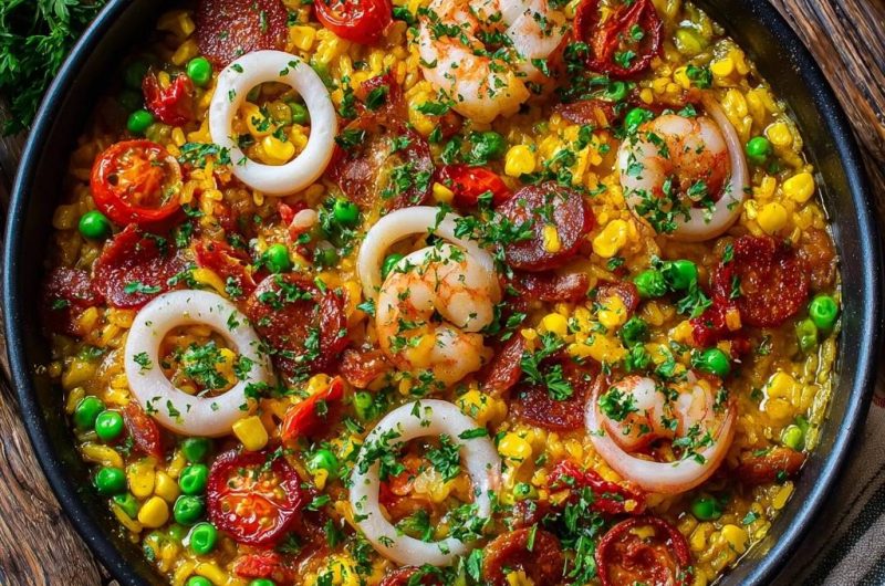 Paella mit Garnelen, Calamari & Chorizo (Nie wieder matschiger Reis!)