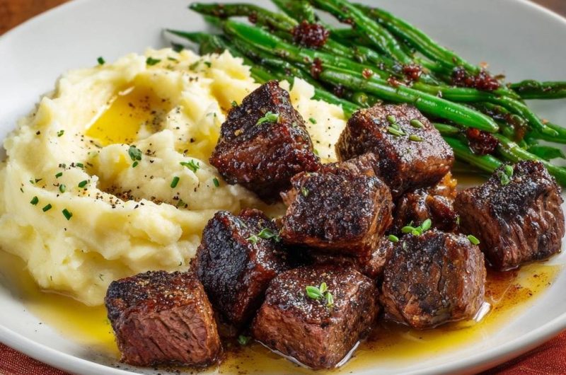 Saftige Rindfleischwürfel mit cremigem Kartoffelpüree und Speckbohnen