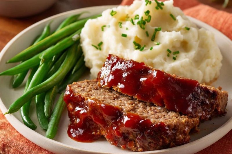 Saftiger Hackbraten mit Kartoffelpüree und grünen Bohnen