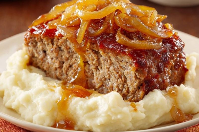 Saftiger Hackbraten mit karamellisierten Zwiebeln und cremigem Kartoffelpüree