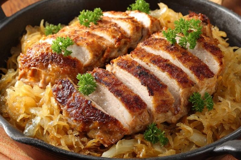 Saftiges Hähnchen auf karamellisiertem Sauerkraut