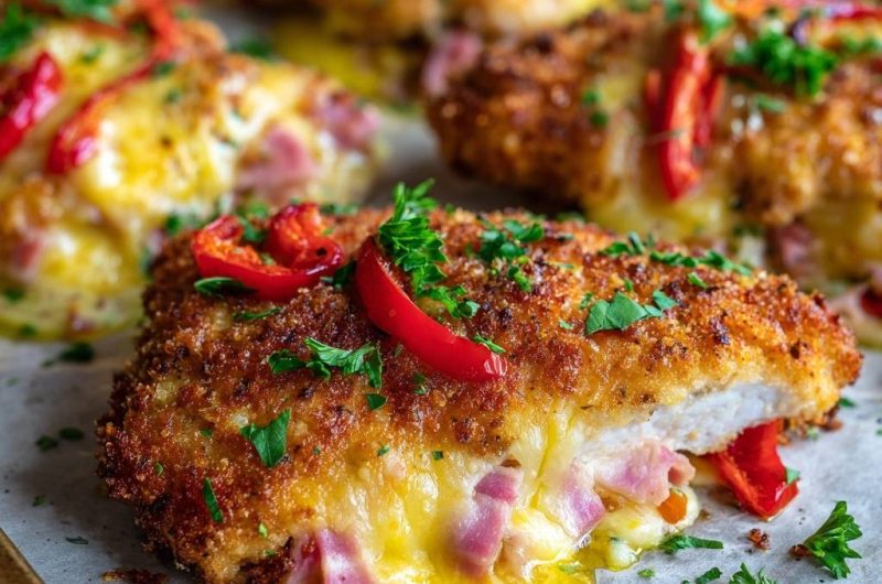Saftiges Panierhähnchen mit Schinken-Käse-Füllung