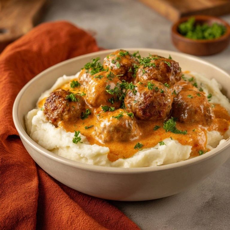Schwedische Fleischbällchen mit Sahnesauce und Kartoffelpüree