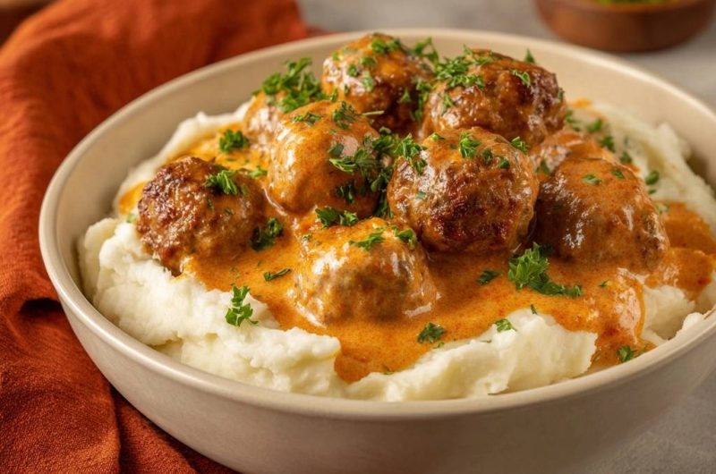 Schwedische Fleischbällchen mit Sahnesauce und Kartoffelpüree