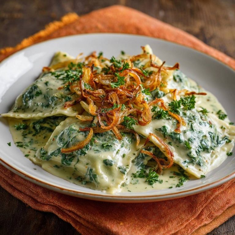 Spinatravioli in cremiger Spinatsoße mit knusprigen Zwiebeln