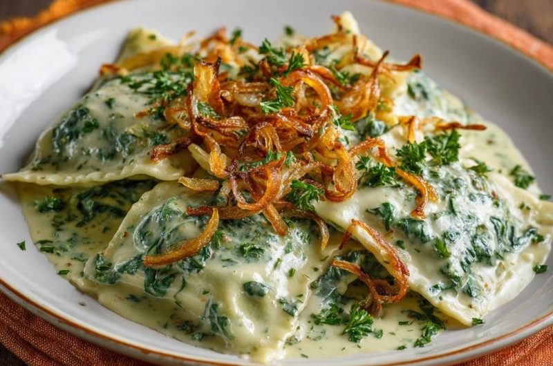 Spinatravioli in cremiger Spinatsoße mit knusprigen Zwiebeln (Keine wässrige Soße mehr)