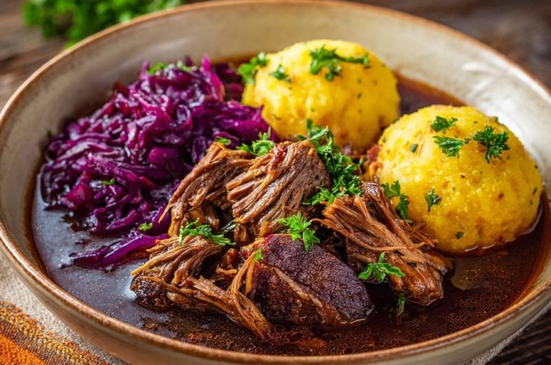 Zartes Rindergulasch mit Rotkohl und Kartoffelknödeln