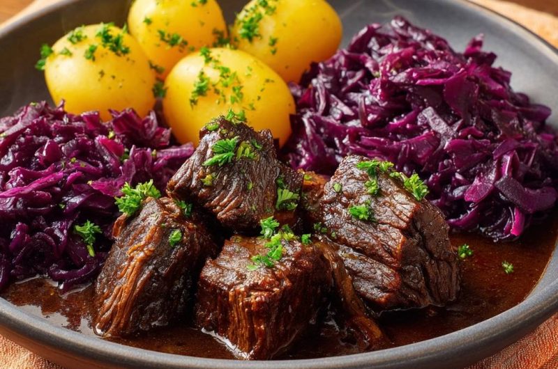 Zartes Rindergulasch mit Rotkohl und Kartoffeln