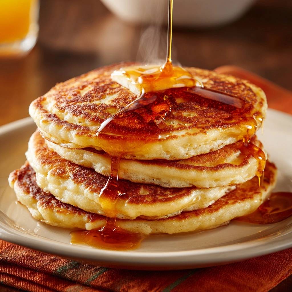 Amerikanische Pancakes Mit Ahornsirup Detail Mit Sirup 1 Amerikanische Pancakes mit Ahornsirup, ein Stapel fluffiger Pancakes, auf die von oben langsam Ahornsirup gegossen wird.