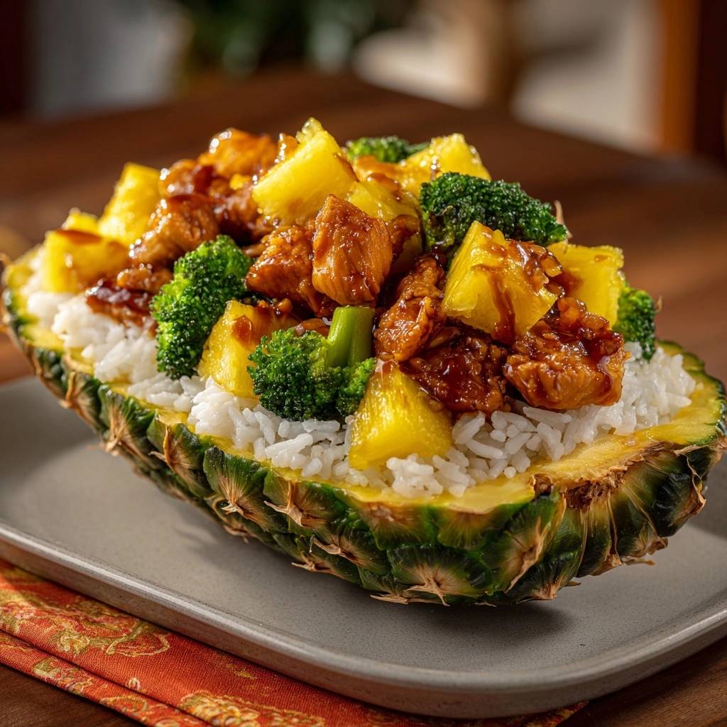 Ananas-Hähnchen mit Brokkoli im Ananasboot, serviert auf einem Teller mit einem orangefarbenen Tuch