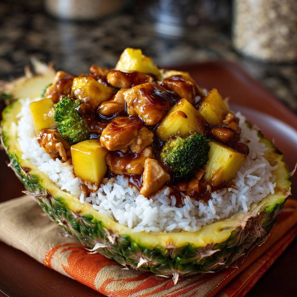 Ananas-Hähnchen mit Brokkoli im Ananasboot, eine Nahaufnahme des mit Hähnchen und Gemüse gefüllten Fruchtfleisches.