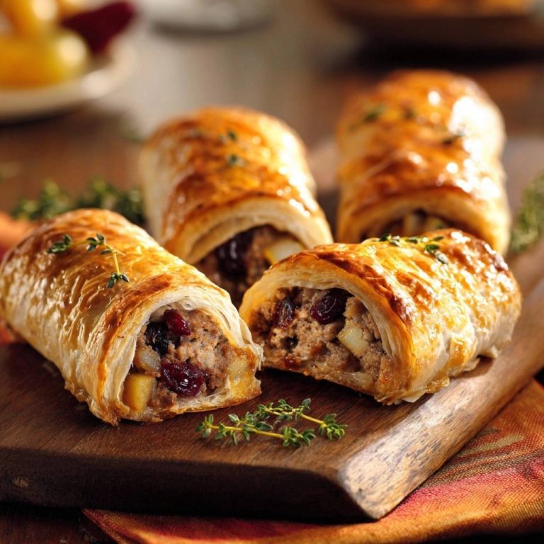 Knusprige Apfel-Cranberry-Hack-Rollen im Anschnitt mit sichtbarer Füllung und Kräutern garniert.