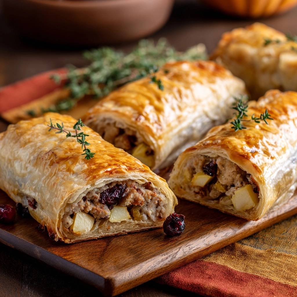 Knusprige Apfel-Cranberry-Hack-Rollen im Querschnitt mit saftiger Füllung aus Hackfleisch, Äpfeln und Cranberries.